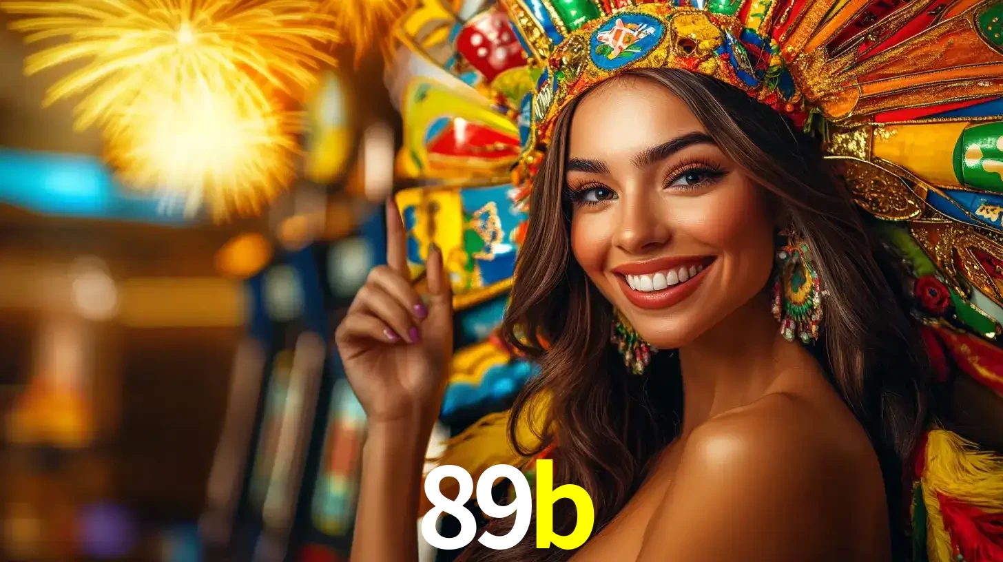 Mulher sorridente com um cocar de carnaval vibrante e colorido, celebrando uma grande vitória nos jogos do cassino 89b com fogos de artifício ao fundo.