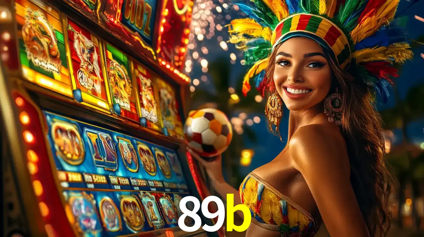 Mulher com um cocar de carnaval ao lado de uma máquina de caça-níqueis enquanto segura uma bola de futebol, mostrando a união da diversão de cassino e esportes no 89b.