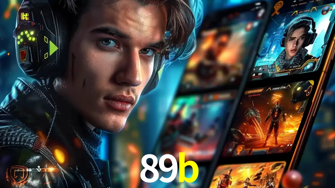 Jovem jogador com fones de ouvido olhando para a câmera, com um aplicativo de jogos e e-sports para celular ao fundo, pronto para a competição e apostas no 89b.