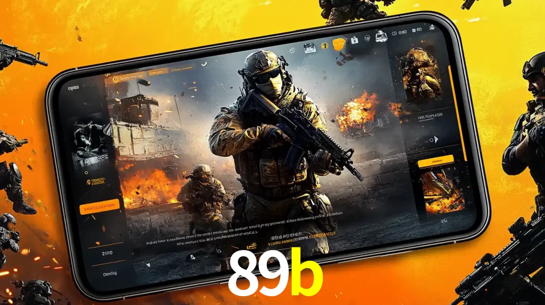 Um smartphone exibindo a interface de um jogo de tiro em primeira pessoa, com um soldado em um cenário de batalha, representando a ação dos e-sports para apostar no 89b.