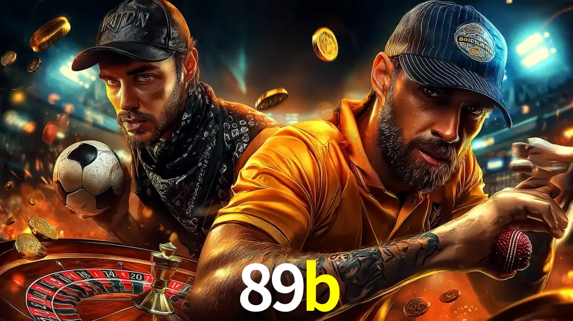 Montagem de apostas esportivas e cassino no 89b, com um homem segurando uma bola de futebol e outro uma de beisebol sobre uma roleta e moedas voadoras.