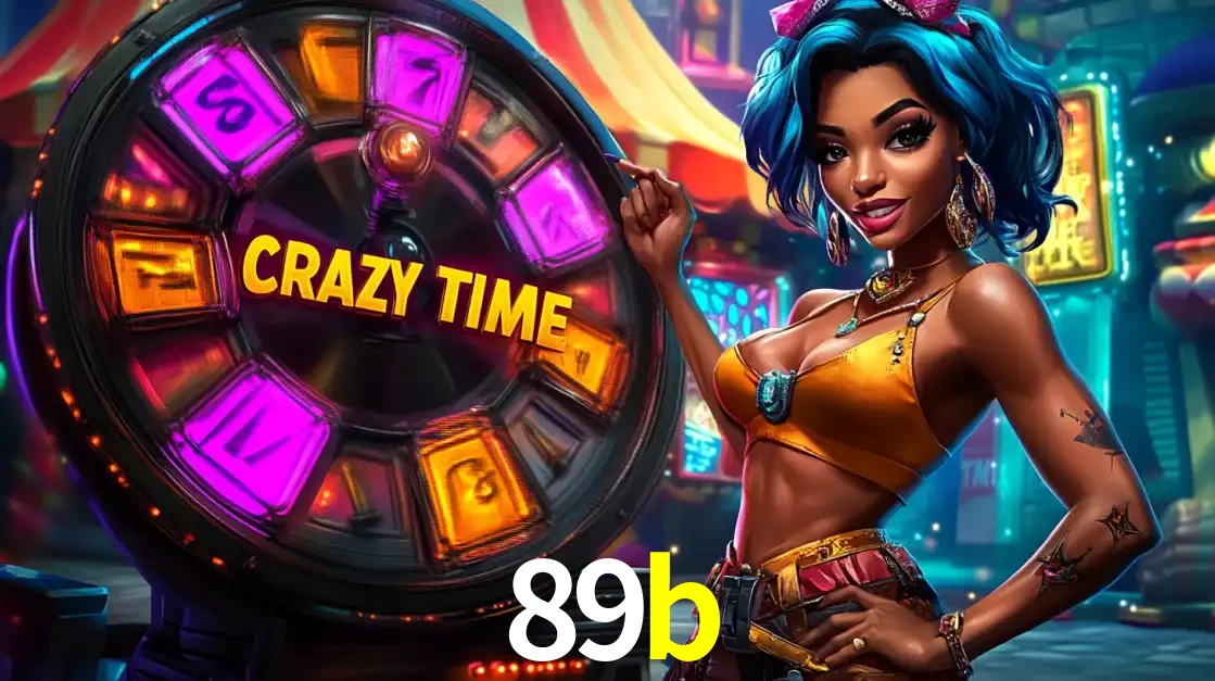 Mulher estilizada com cabelo azul e visual vibrante posando ao lado da roda de prêmios do game show Crazy Time, convidando para a diversão e os bônus do cassino 89b.