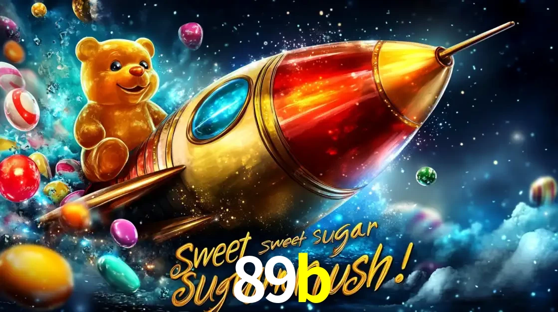 Arte promocional do jogo de slot Sugar Rush, com um urso de pelúcia em um foguete viajando pelo espaço de doces, um dos jogos divertidos disponíveis no cassino 89b.