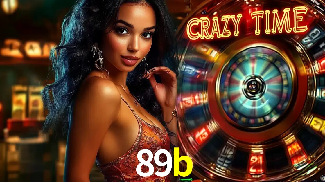 Mulher elegante ao lado da vibrante roda da fortuna do jogo de cassino ao vivo Crazy Time, um dos game shows mais populares e cheios de prêmios do 89b.