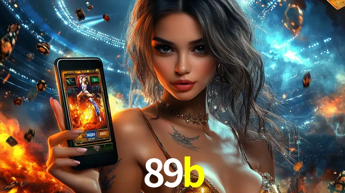 Mulher segurando um celular com um jogo de slot em destaque, tendo como fundo um estádio vibrante, simbolizando a emoção de jogar no cassino móvel 89b.