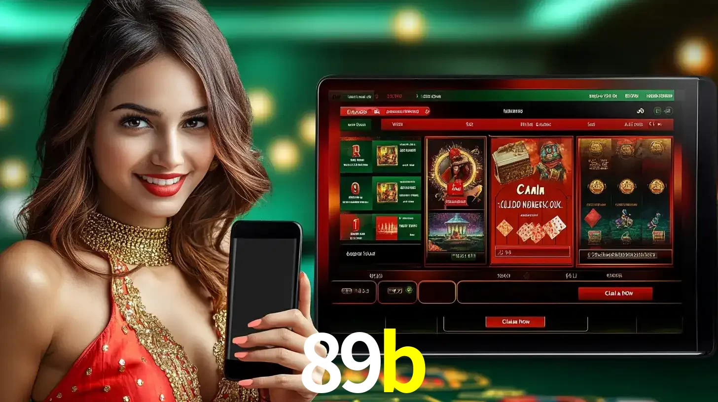 Mulher sorridente segurando um smartphone, ao lado de uma tela exibindo o lobby de jogos do cassino online 89b, com várias opções de jogos de cartas e slots.